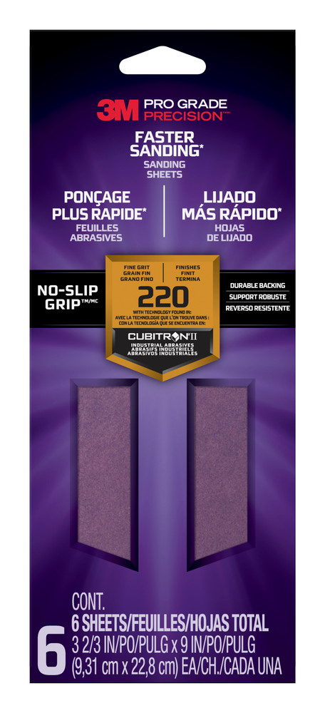3M Pro Grade Precision Faster Sanding Sheets w/NO-SLIP GRIP Backing,SHTR220-PGP-6T,3 2/3 in x 9 in, 220 Gr, 6 Shts/pk