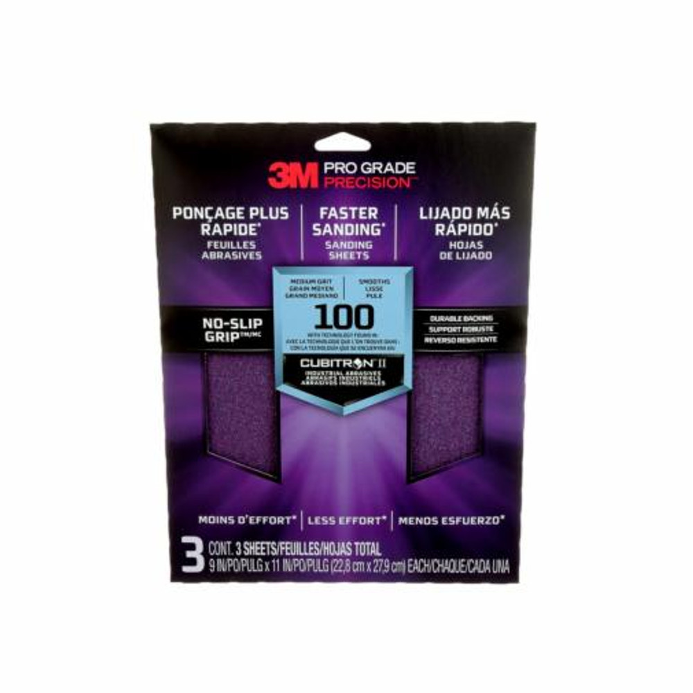 3M Pro Grade Precision Faster Sanding Sheets w/ NO-SLIP GRIP Backing SHR100-PGP-4T, 9 in x 11 in, 100 Gr, 4 Shts/pk