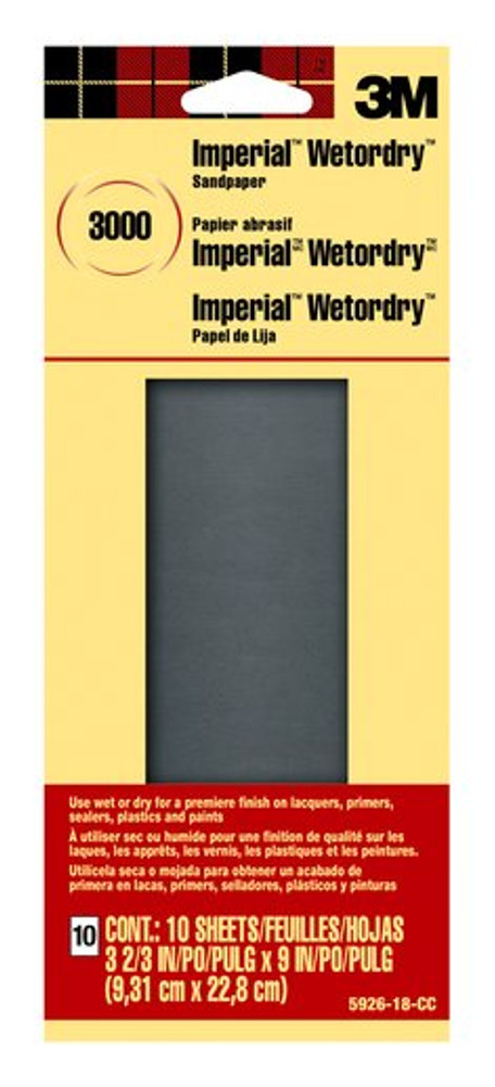 3M Wetordry Sandpaper 5926-18-CC, 3 2/3 X 9 in, 3000 grit, 10
sheets/pk, 18 pks/case