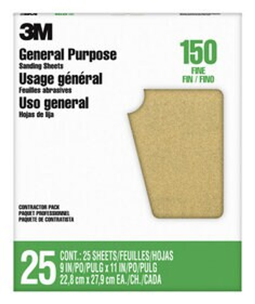 3M Pro-Pak General Purpose Sanding Sheets, 11602NA-25, 9 in x 11 in, 150 grit, Fine Grit 25 sheets/pk, 5 pks/cs