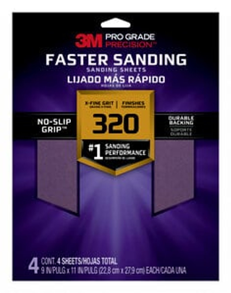 3M Pro Grade Precision Faster Sanding Sheets w/ NO-SLIP GRIP Backing SHR400-PGP-4T, 9 in x 11 in, 400 Gr, 4 Shts/pk