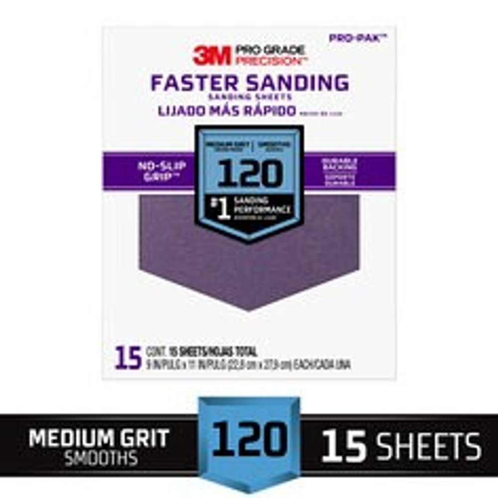3M Pro Grade Precision Faster Sanding Sanding Sheets 26120PGP-4, 9 in x 11 in, 120 grit, Medium, 4/pk