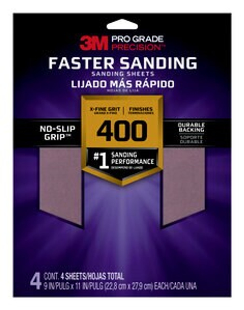 3M Pro Grade Precision Faster Sanding Sanding Sheets 26400PGP-4, 9 in x 11 in, 400 grit, X-Fine, 4/pk