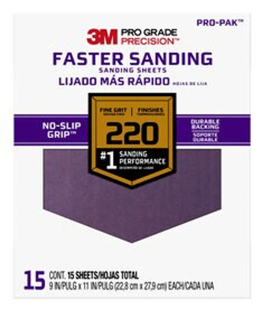 3M Pro Grade Precision Faster Sanding Sanding Sheets 27220PGP-15, 9 in x 11 in, 220 grit, Fine, 15/pk