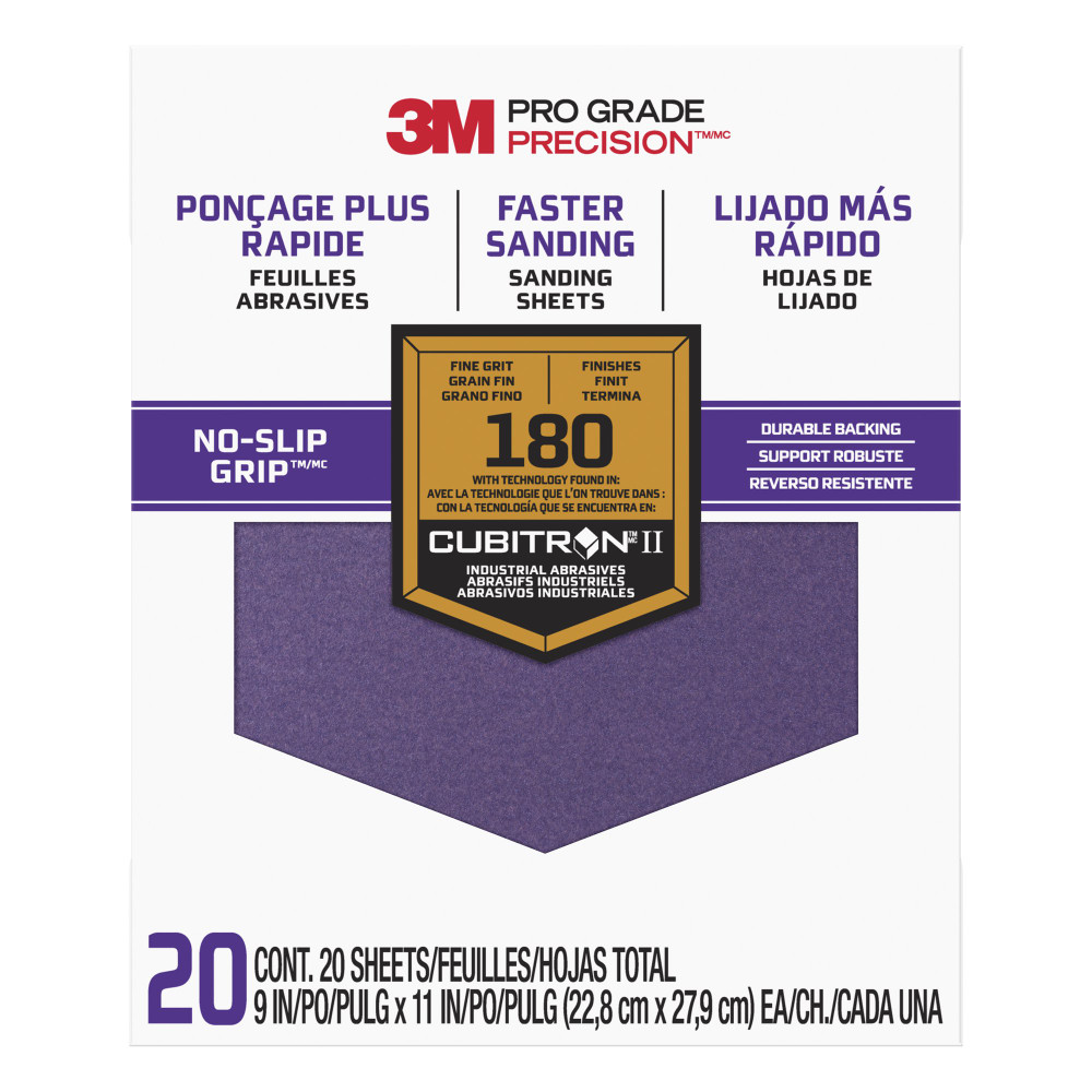 3M Pro Grade Precision Faster Sanding Sheets w/ NO-SLIP GRIP Backing SHCP180-PGP20T, 9 in x 11 in, 180 Gr, 20 Shts/pk