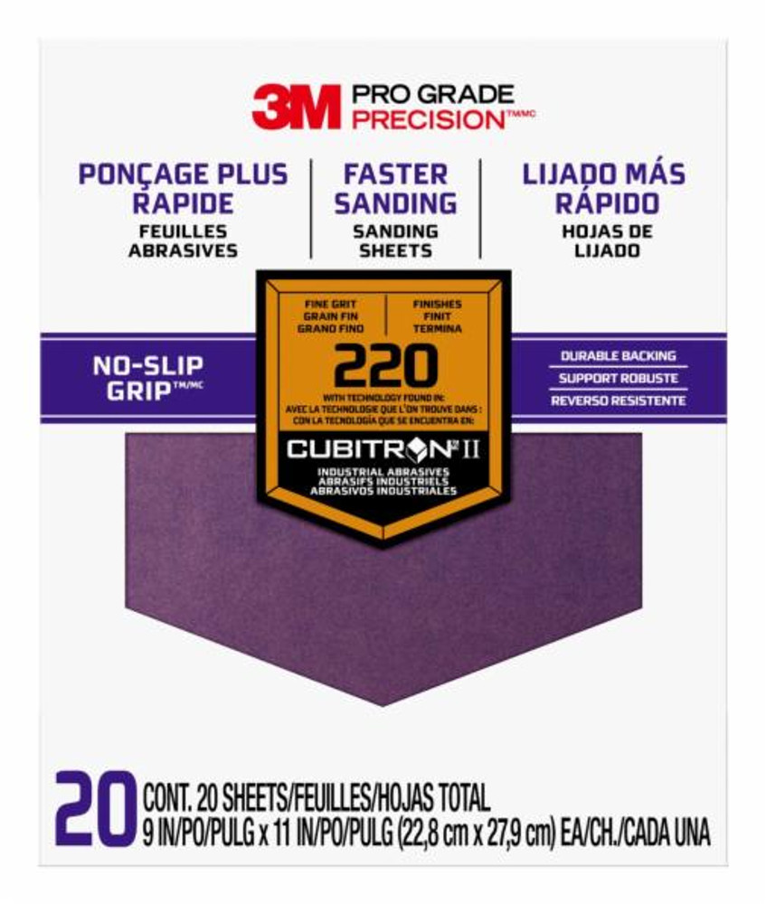 3M Pro Grade Precision Faster Sanding Sheets w/ NO-SLIP GRIP Backing SHCP220-PGP20T, 9 in x 11 in, 220 Gr, 20 Shts/pk