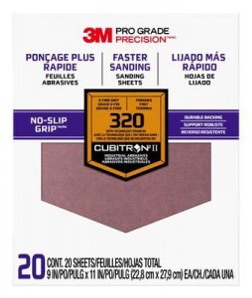 3M Pro Grade Precision Faster Sanding Sheets w/ NO-SLIP GRIP Backing SHCP320-PGP20T, 9 in x 11 in, 320 Gr, 20 Shts/pk