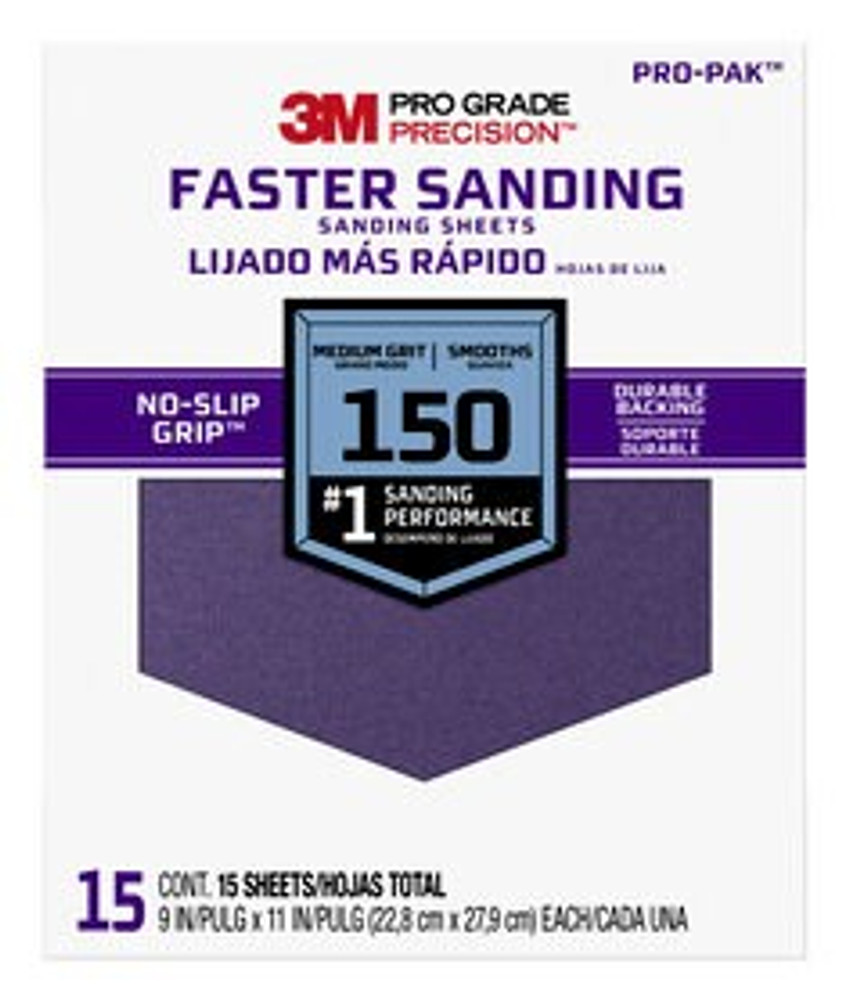 3M Pro Grade Precision Faster Sanding Sanding Sheets 27150PGP-15, 9 in x 11 in, 150 grit, Medium, 15/pk