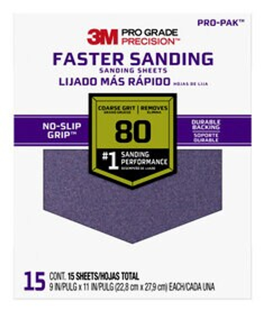 3M Pro Grade Precision Faster Sanding Sanding Sheets 27080PGP-15, 9 in x 11 in, 80 grit, Coarse, 15/pk
