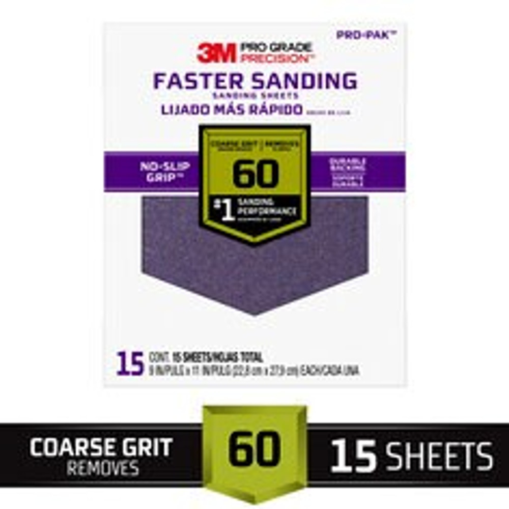 3M Pro Grade Precision Faster Sanding Sanding Sheets 27060PGP-15, 9 in x 11 in, 60 grit, Coarse, 15/pk