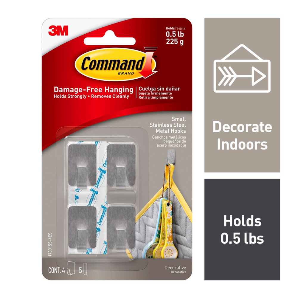 Command Small Stainless Steel Metal Hooks 17031SS-4ESF, 4 Hooks, 5 Strips