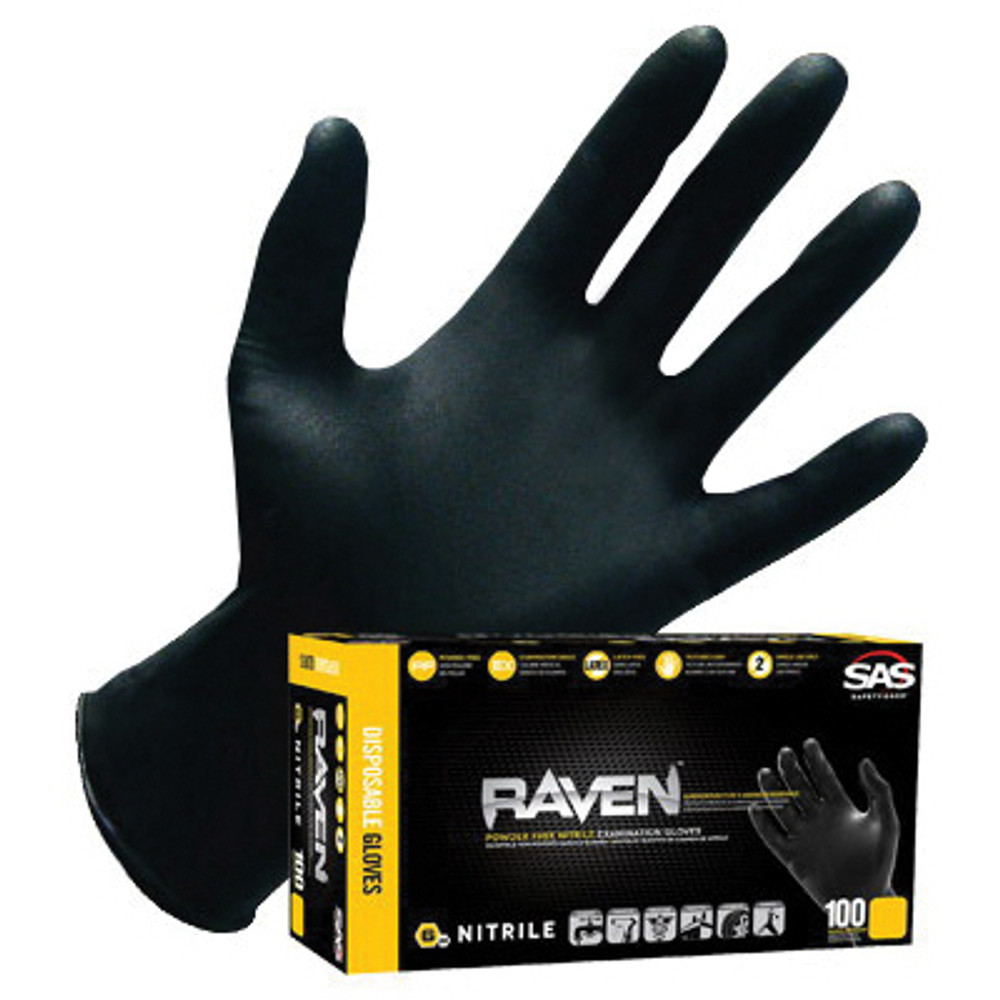 SAS Safety Corp RAVEN 66517 Extra Strength Disposable Gloves, M, 240 mm L, Nitrile Glove, Black Glove