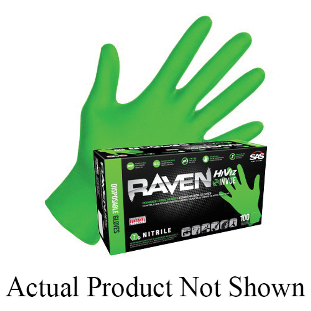 SAS Safety Corp RAVEN INVUE 66553 Examination-Grade Disposable Gloves, XL, Nitrile Glove, High-Visibility Green Glove
