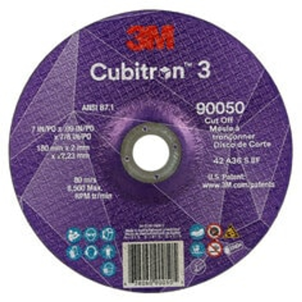 3M Cubitron 3 Cut-Off Wheel, 90050, 36+, T27, 7 in x 0.09 in x 7/8 in
(180 x 2 x 22.23 mm), ANSI, 25/Pack, 50 ea/Case