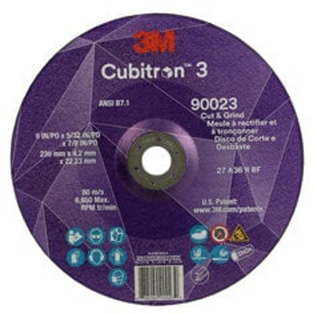 3M Cubitron 3 Cut and Grind Wheel, 90023, 36+, T27, 9 in x 5/32 in x
7/8 in (230 x 4.2 x 22.23 mm), ANSI, 10/Pack, 20 ea/Case