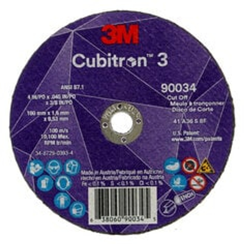 3M Cubitron 3 Cut-Off Wheel, 90034, 36+, T1, 4 in x 0.045 in x 3/8 in
(100 x 1.6 x 9.53 mm), ANSI, 25/Pack, 50 ea/Case