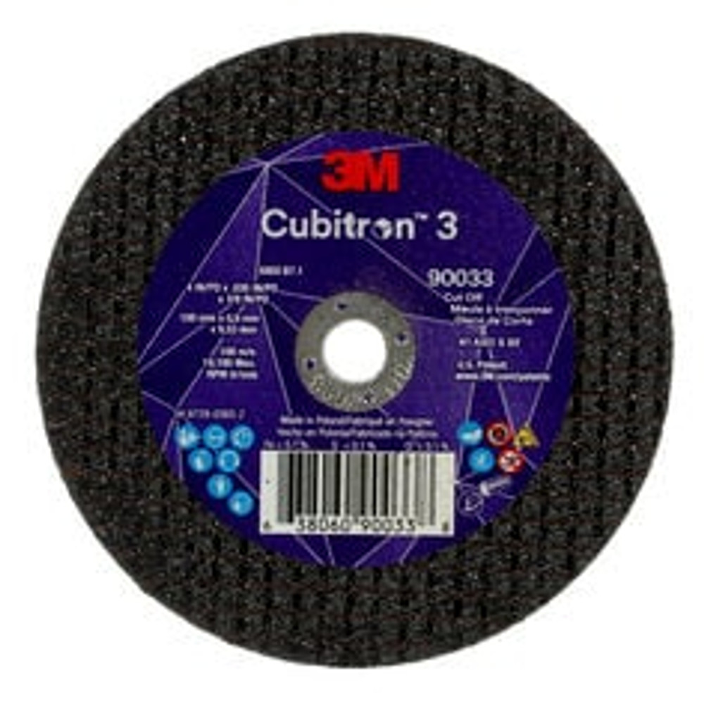 3M Cubitron 3 Cut-Off Wheel, 90033, 60+, T1, 4 in x 0.035 in x 3/8 in
(100 x 0.9 x 9.53 mm), ANSI, 25/Pack, 50 ea/Case