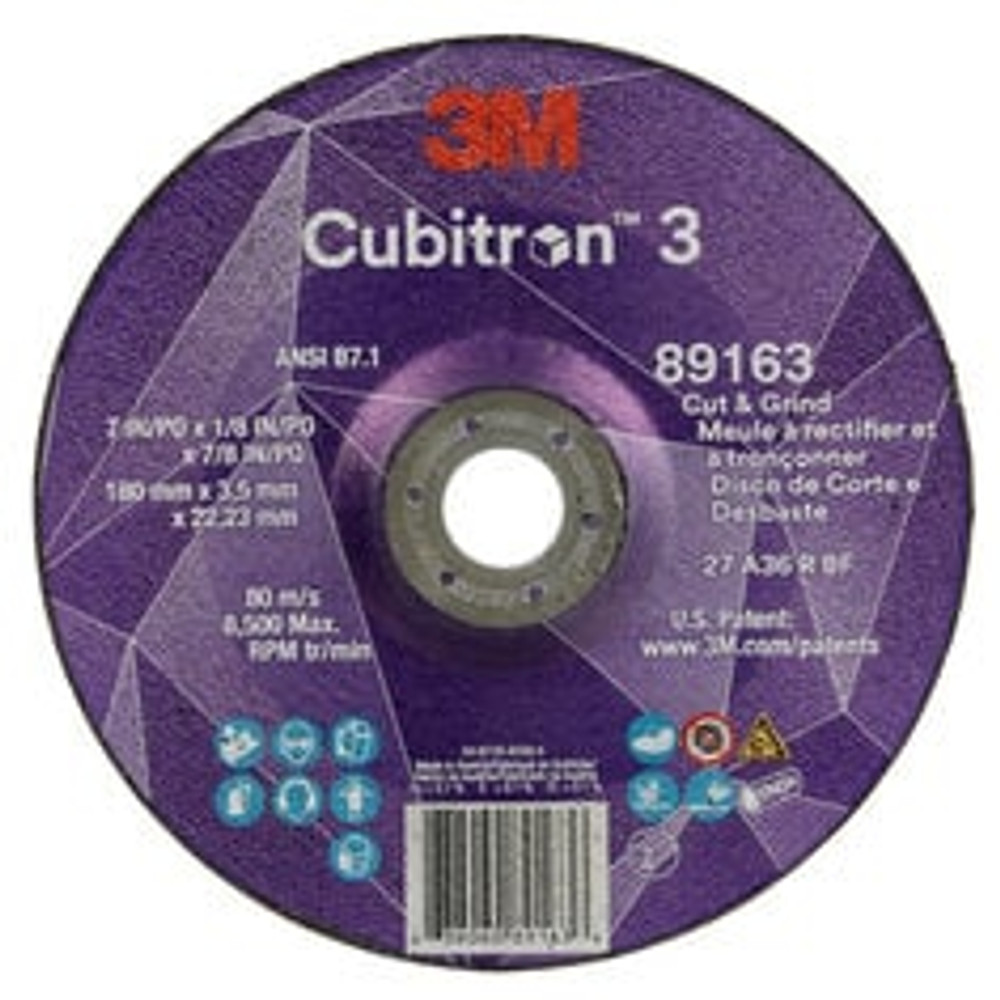 3M Cubitron 3 Cut and Grind Wheel, 89163, 36+, T27, 7 in x 1/8 in x
7/8 in (180 x 3.2 x 22.23 mm), ANSI, 10/Pack, 20 ea/Case