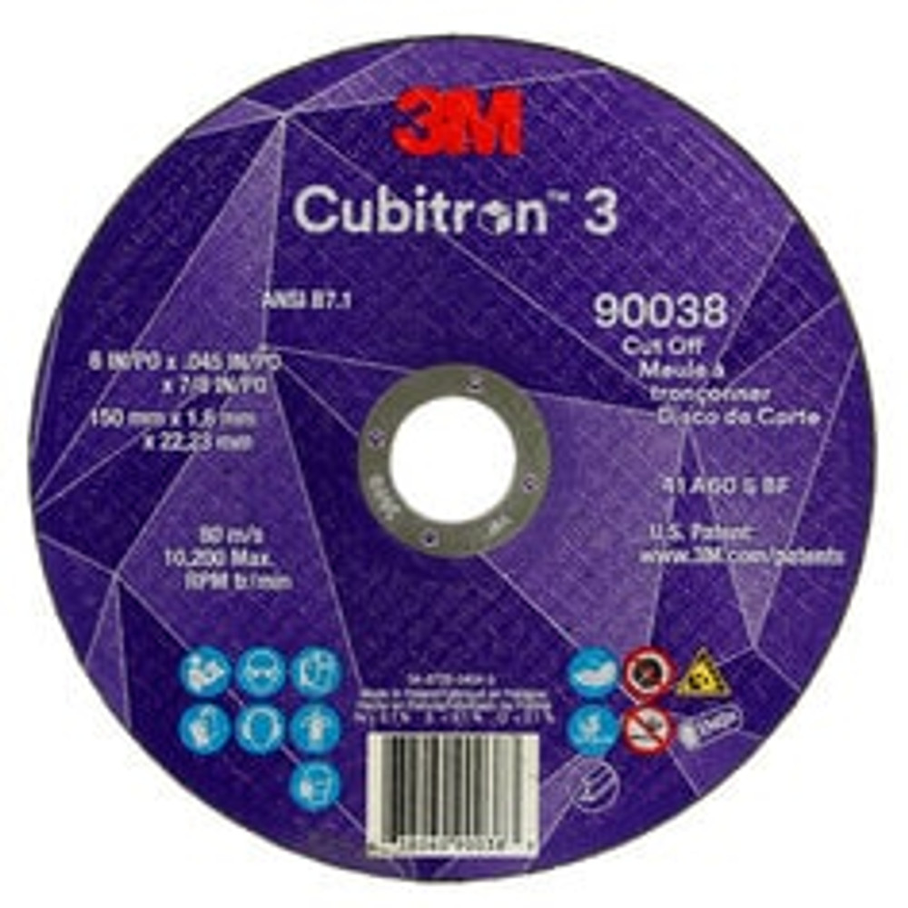 3M Cubitron 3 Cut-Off Wheel, 90038, 60+, T1, 6 in x 0.045 in x 7/8 in
(150 x 1.6 x 22.23 mm), ANSI, 25/Pack, 50 ea/Case