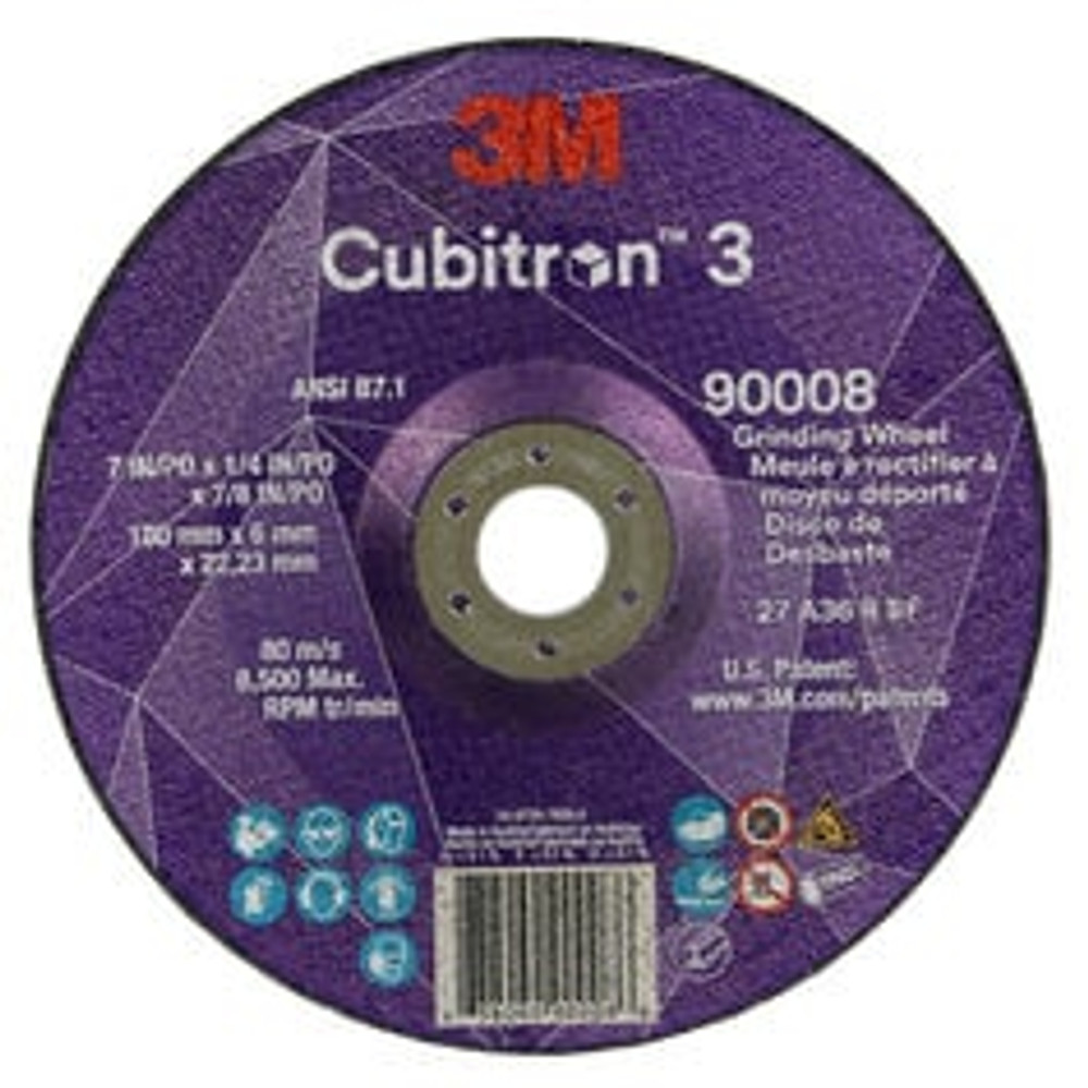 3M Cubitron 3 Depressed Center Grinding Wheel, 90008, 36+, T27, 7 in x
1/4 in x 7/8 in (180x6x22.23mm) ANSI, 10/Pack, 20 ea/Case