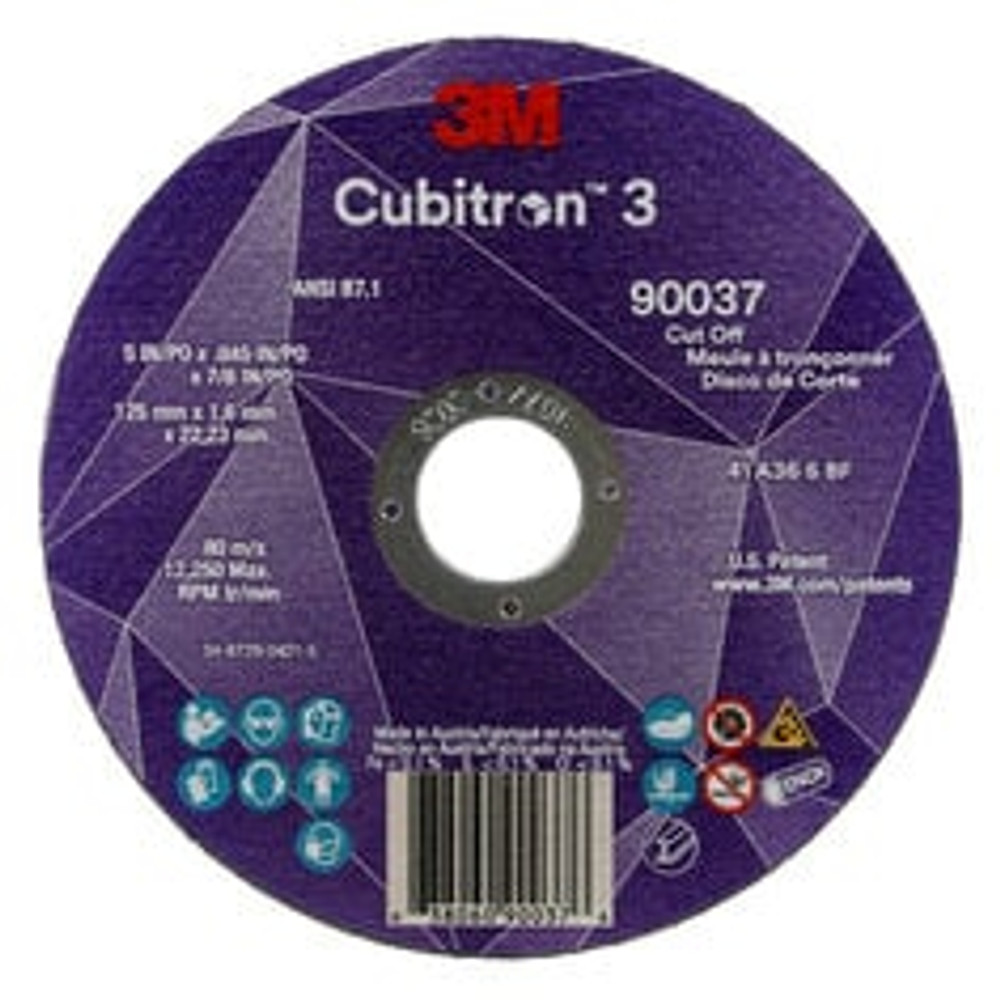 3M Cubitron 3 Cut-Off Wheel, 90037, 36+, T1, 5 in x 0.045 in x 7/8 in
(125 x 1.6 x 22.23 mm), ANSI, 25/Pack, 50 ea/Case