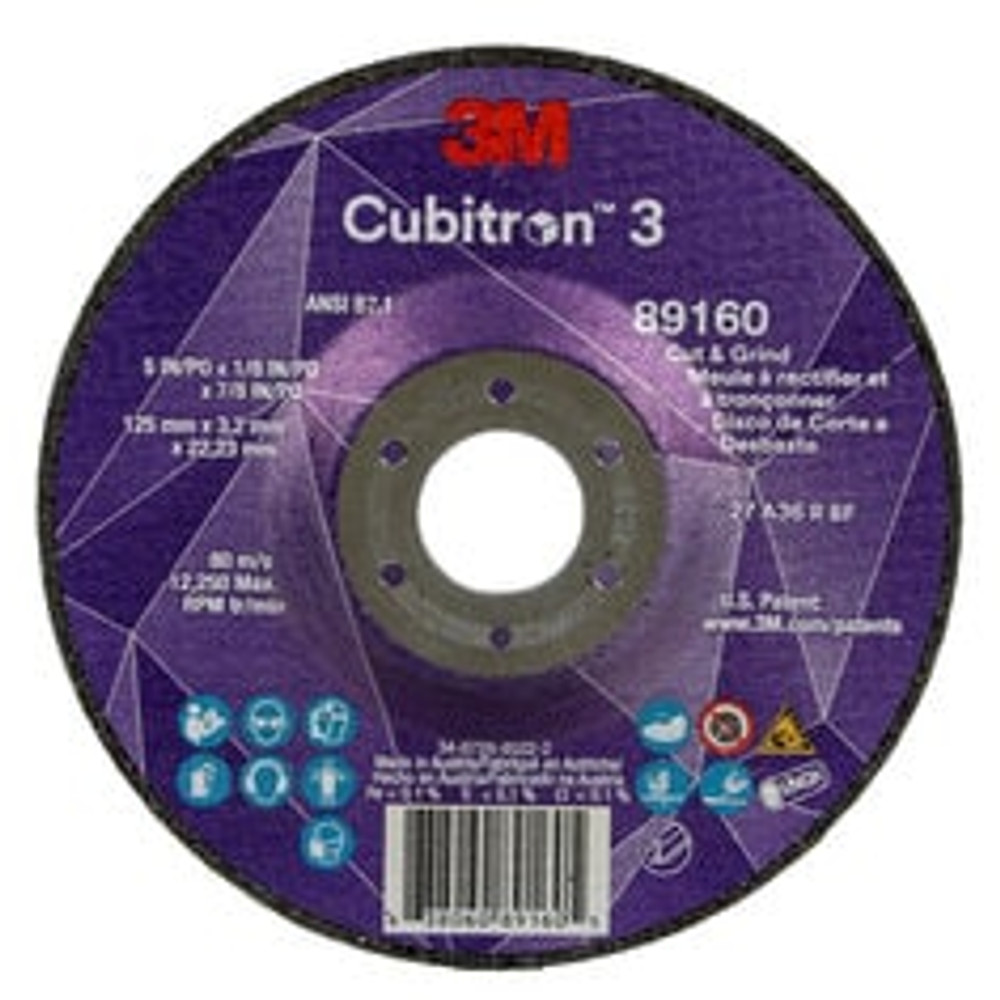 3M Cubitron 3 Cut and Grind Wheel, 89160, 36+, T27, 5 in x 1/8 in x
7/8 in (125 x 3.2 x 22.23 mm), ANSI, 10/Pack, 20 ea/Case
