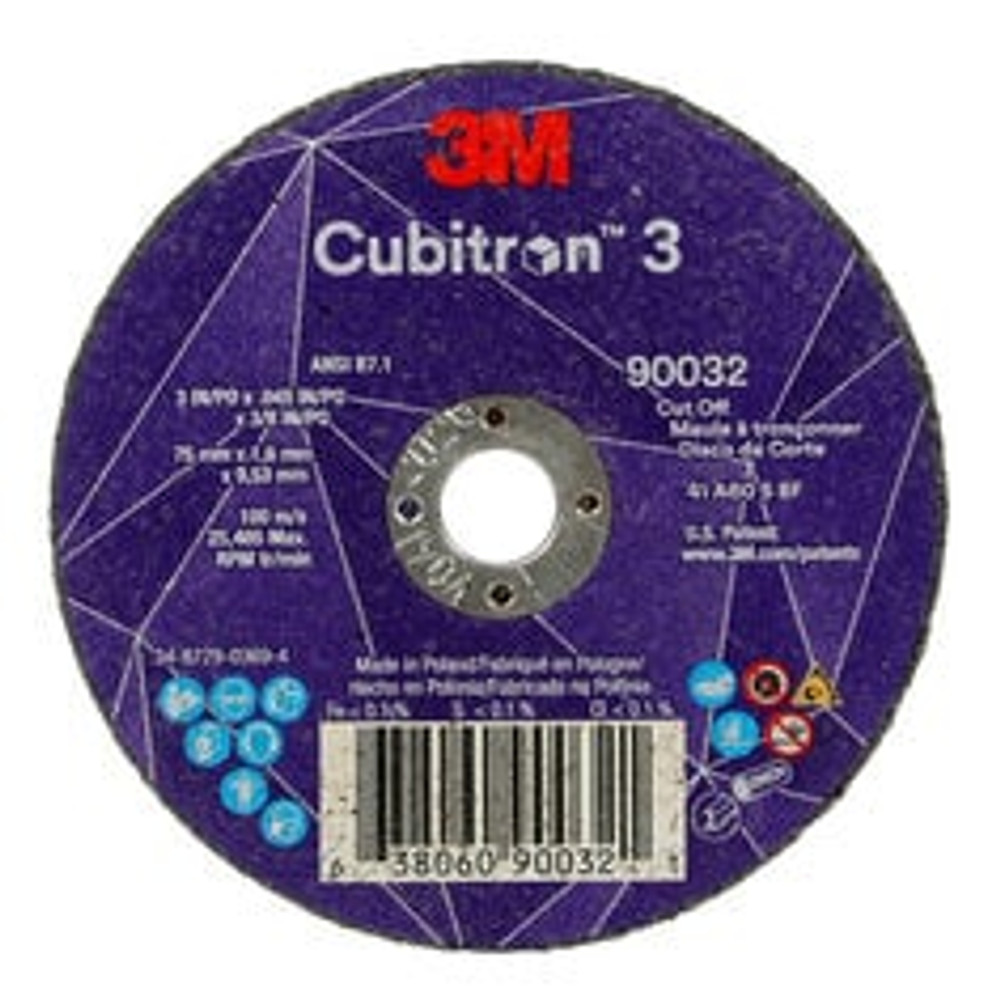 3M Cubitron 3 Cut-Off Wheel, 90032, 60+, T1, 3 in x 0.045 in x 3/8 in
(75 x 1.6 x 9.53 mm), ANSI, 25/Pack, 50 ea/Case