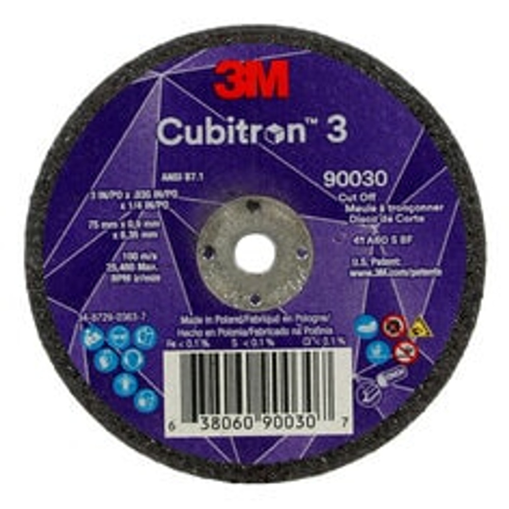 3M Cubitron 3 Cut-Off Wheel, 90030, 60+, T1, 3 in x 0.035 in x 1/4 in
(75 x 0.9 x 6.35 mm), ANSI, 25/Pack, 50 ea/Case