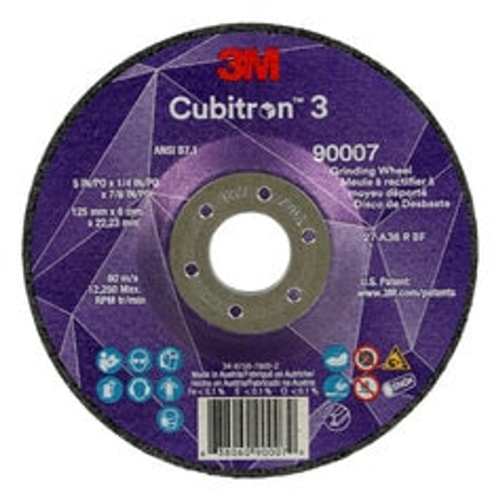 3M Cubitron 3 Depressed Center Grinding Wheel, 90007, 36+, T27, 5 in x
1/4 in x 7/8 in (125x6x22.23mm) ANSI, 10/Pack, 20 ea/Case