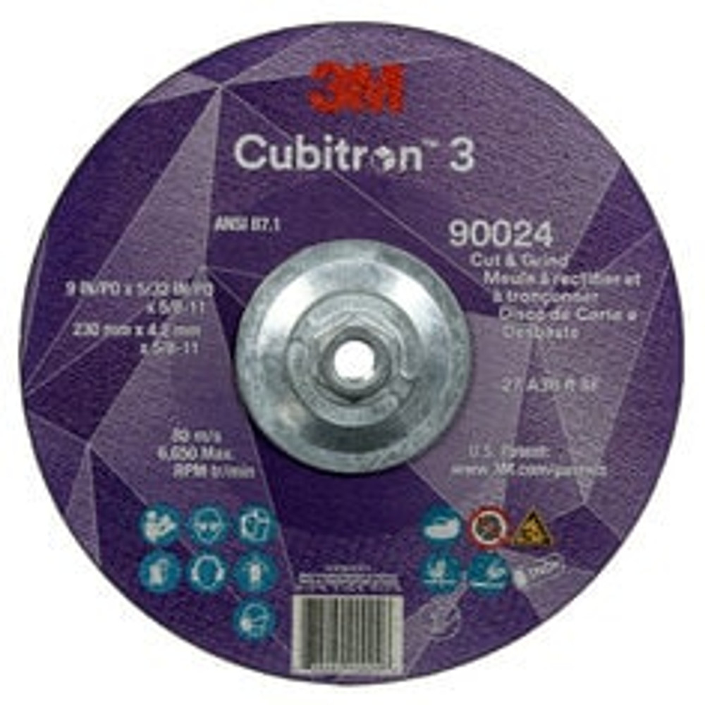 3M Cubitron 3 Cut and Grind Wheel, 90024, 36+, T27, 9 in x 5/32 in x
5/8 in-11 (230 x 4.2 mm x 5/8-11 in), ANSI, 10 ea/Case