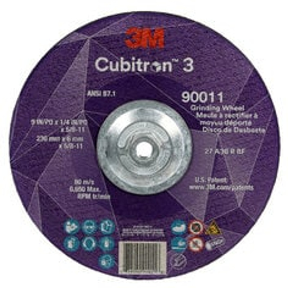 3M Cubitron 3 Depressed Center Grinding Wheel, 90011, 36+, T27, 9 in x
1/4 in x 5/8 in-11 (230x6mmx5/8-11in), ANSI, 10 ea/Case