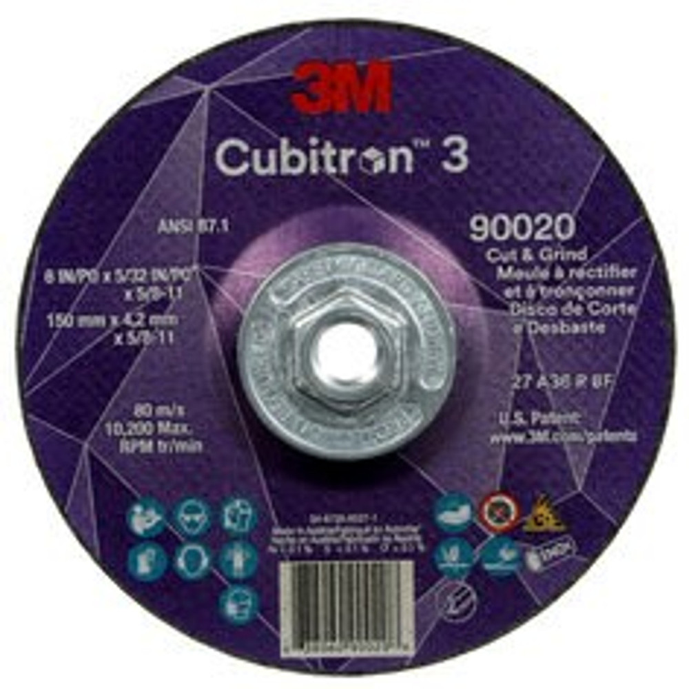 3M Cubitron 3 Cut and Grind Wheel, 66201, 36+, Type 27, 6 in x 1/8 in x 5/8 in-11 (150mmx3.2mm), ANSI, 10 ea/Case, Trial Pack