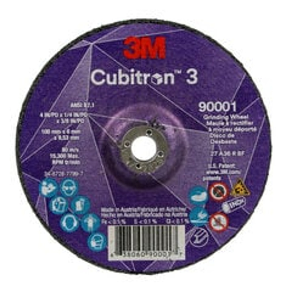 3M Cubitron 3 Depressed Center Grinding Wheel, 90001, 36+, T27, 4 in x
1/4 in x 3/8 in (100x6x9.53mm), ANSI, 10/Pack, 20 ea/Case