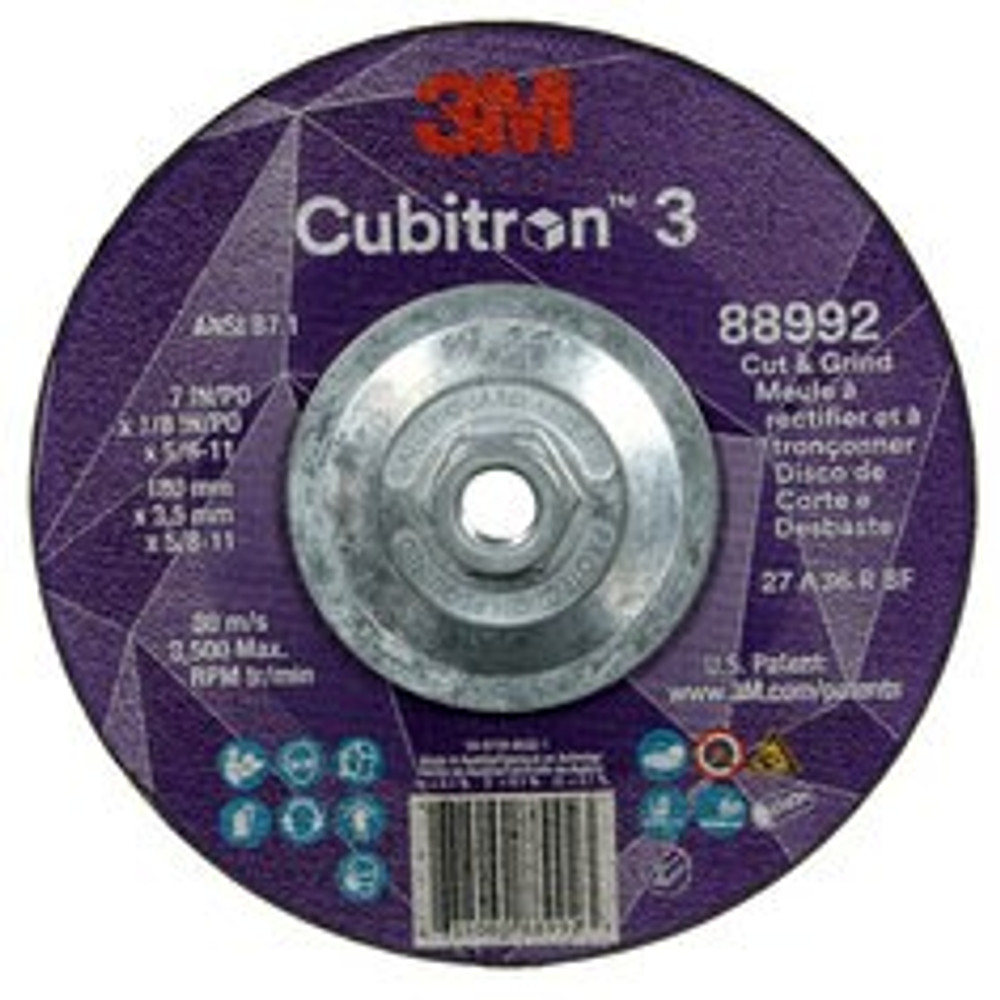 3M Cubitron 3 Cut and Grind Wheel, 88992, 36+, T27, 7 in x 1/8 in x
5/8 in-11 (180 x 3.2 mm x 5/8-11 in), ANSI, 10 ea/Case