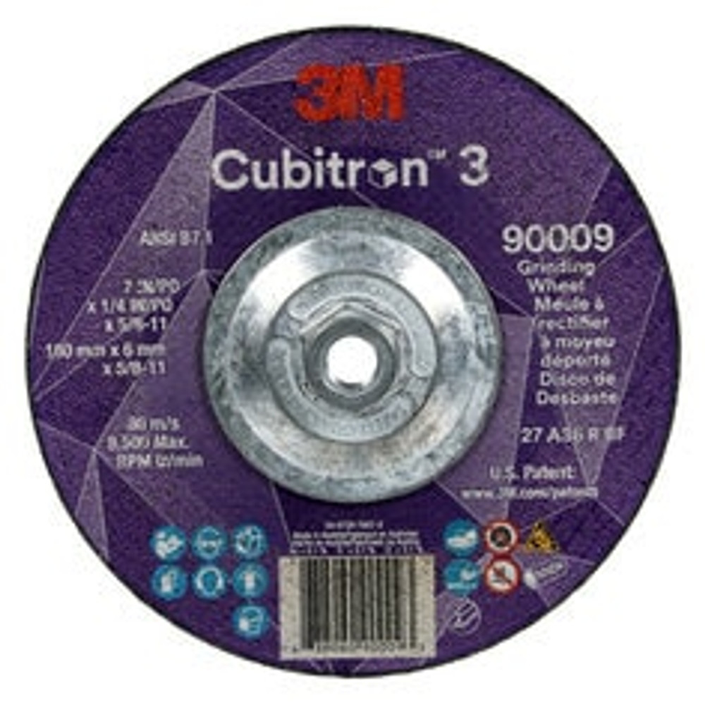 3M Cubitron 3 Depressed Center Grinding Wheel, 90009, 36+, T27, 7 in x
1/4 in x 5/8 in-11 (180x6mmx5/8-11in), ANSI, 10 ea/Case