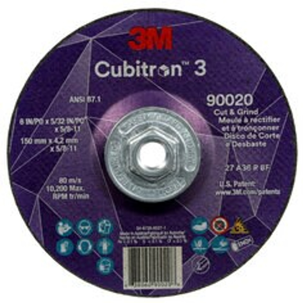 3M Cubitron 3 Cut and Grind Wheel, 90020, 36+, T27, 6 in x 5/32 in x
5/8 in-11 (150 x 4.2 mm x 5/8-11 in), ANSI, 10 ea/Case