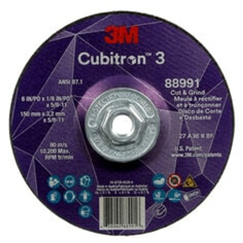 3M Cubitron 3 Cut and Grind Wheel, 88991, 36+, T27, 6 in x 1/8 in x
5/8 in-11 (150 x 3.2 mm x 5/8-11 in), ANSI, 10 ea/Case