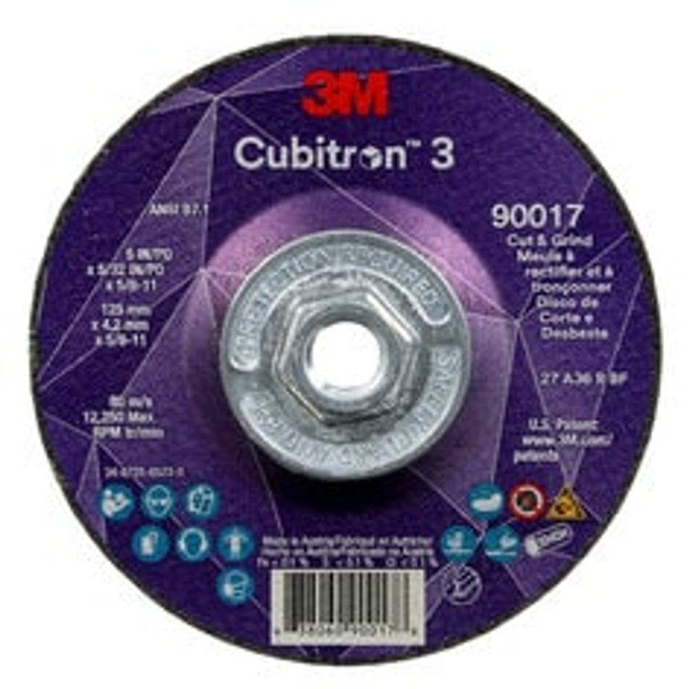 3M Cubitron 3 Cut and Grind Wheel, 90017, 36+, T27, 5 in x 5/32 in x
5/8 in-11 (125 x 4.2 mm x 5/8-11 in), ANSI, 10 ea/Case