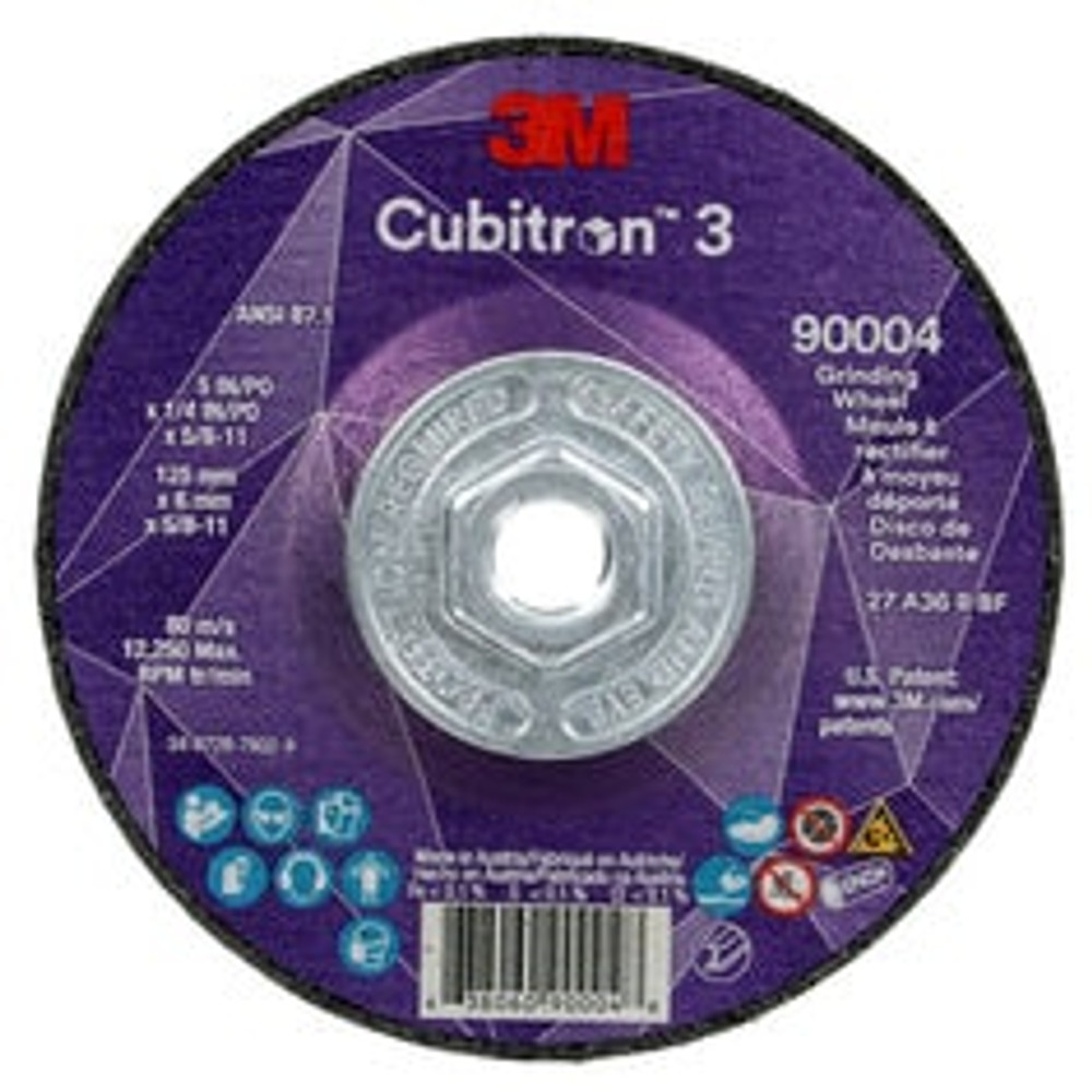 3M Cubitron 3 Depressed Center Grinding Wheel, 90004, 36+, T27, 5 in x
1/4 in x 5/8 in-11 (125x6mmx5/8-11in), ANSI, 10 ea/Case