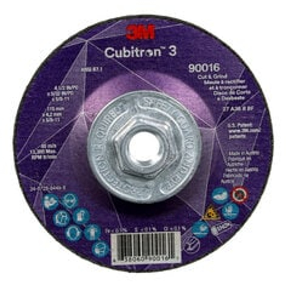 3M Cubitron 3 Cut and Grind Wheel, 90016, 36+, T27, 4-1/2 in x 5/32 in
x 5/8 in-11 (115 x 4.2 mm x 5/8-11 in), ANSI, 10 ea/Case