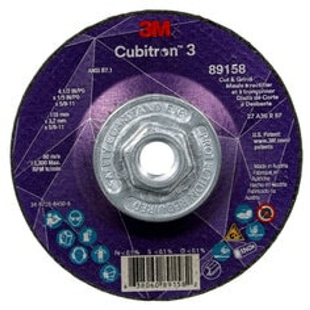 3M Cubitron 3 Cut and Grind Wheel, 89158, 36+, T27, 4-1/2 in x 1/8 in
x 5/8 in-11 (115 x 3.2 mm x 5/8-11 in), ANSI, 10 ea/Case