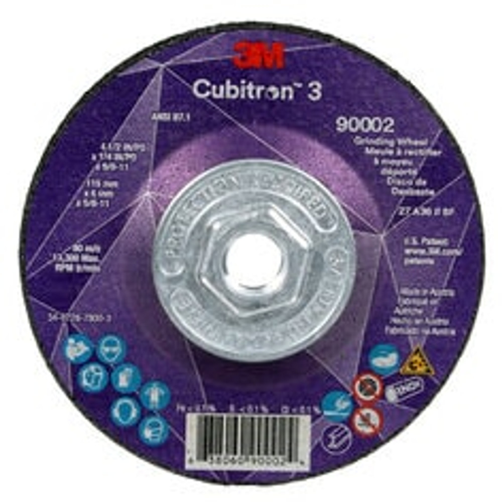 3M Cubitron 3 Depressed Center Grinding Wheel, 90002, 36+, T27, 4-1/2
in x 1/4 in x 5/8 in-11(115x6mmx5/8-11in) ANSI, 10 ea/Case