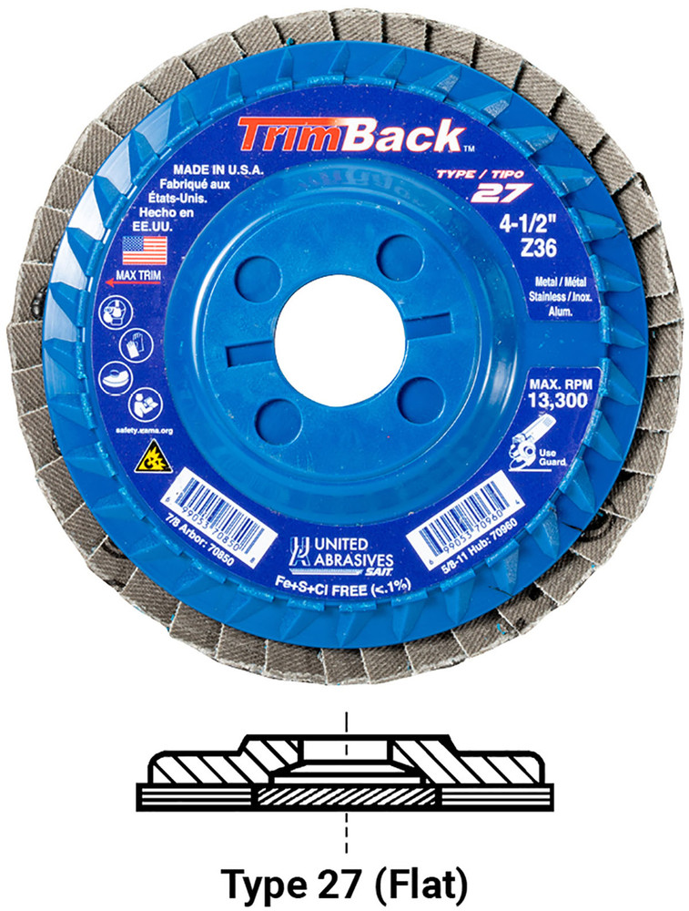 TrimBack Flap Discs,TrimBack Type 27 Regular Density Flap Disc, 7/8 Arbor - No Hub 70859