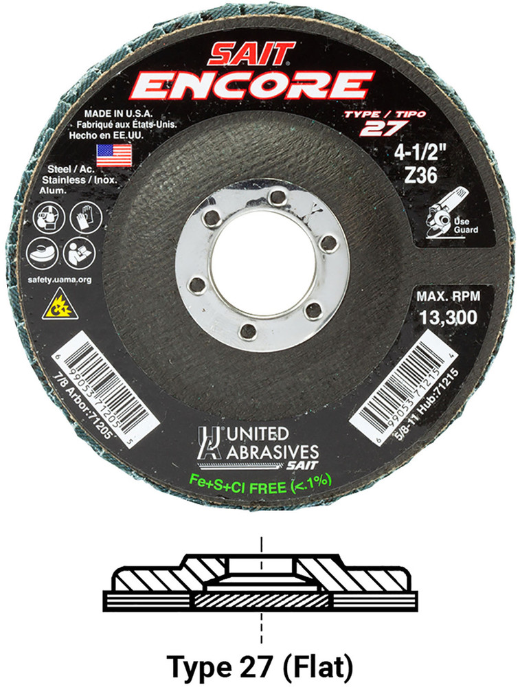 Regular Density Discs - Fiberglass Backing,Encore  Type 27 Regular Density Flap Disc,  7/8 Arbor - No Hub 71208