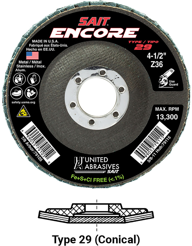 Regular Density Discs - Fiberglass Backing,Encore   Type 29 Regular Density Flap Disc,  7/8 Arbor - No Hub 71251