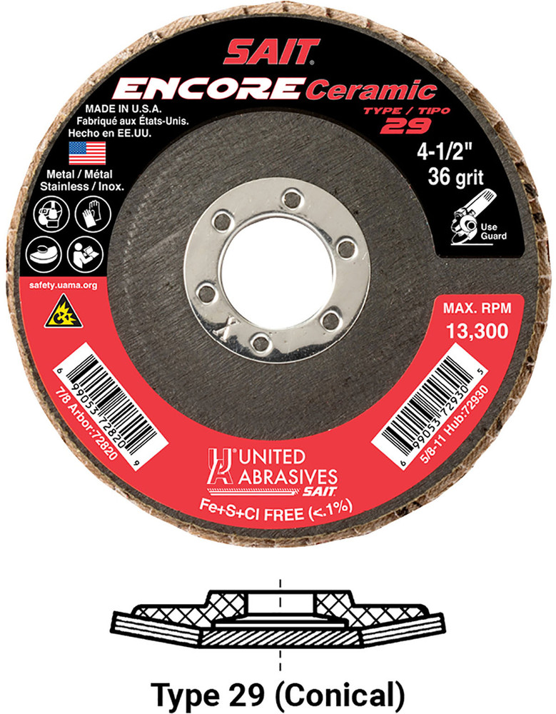 Regular Density Discs - Fiberglass Backing,Encore Ceramic  Type 29 Regular Density Flap Disc,  7/8 Arbor - No Hub 72823