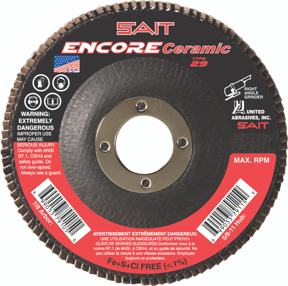 Regular Density Discs - Fiberglass Backing,Encore Ceramic  Type 29 Regular Density Flap Disc,  7/8 Arbor - No Hub 72827
