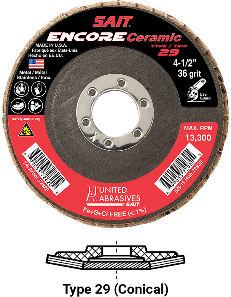 Regular Density Discs - Fiberglass Backing,Encore Ceramic  Type 29 Regular Density Flap Disc,  7/8 Arbor - No Hub 72828