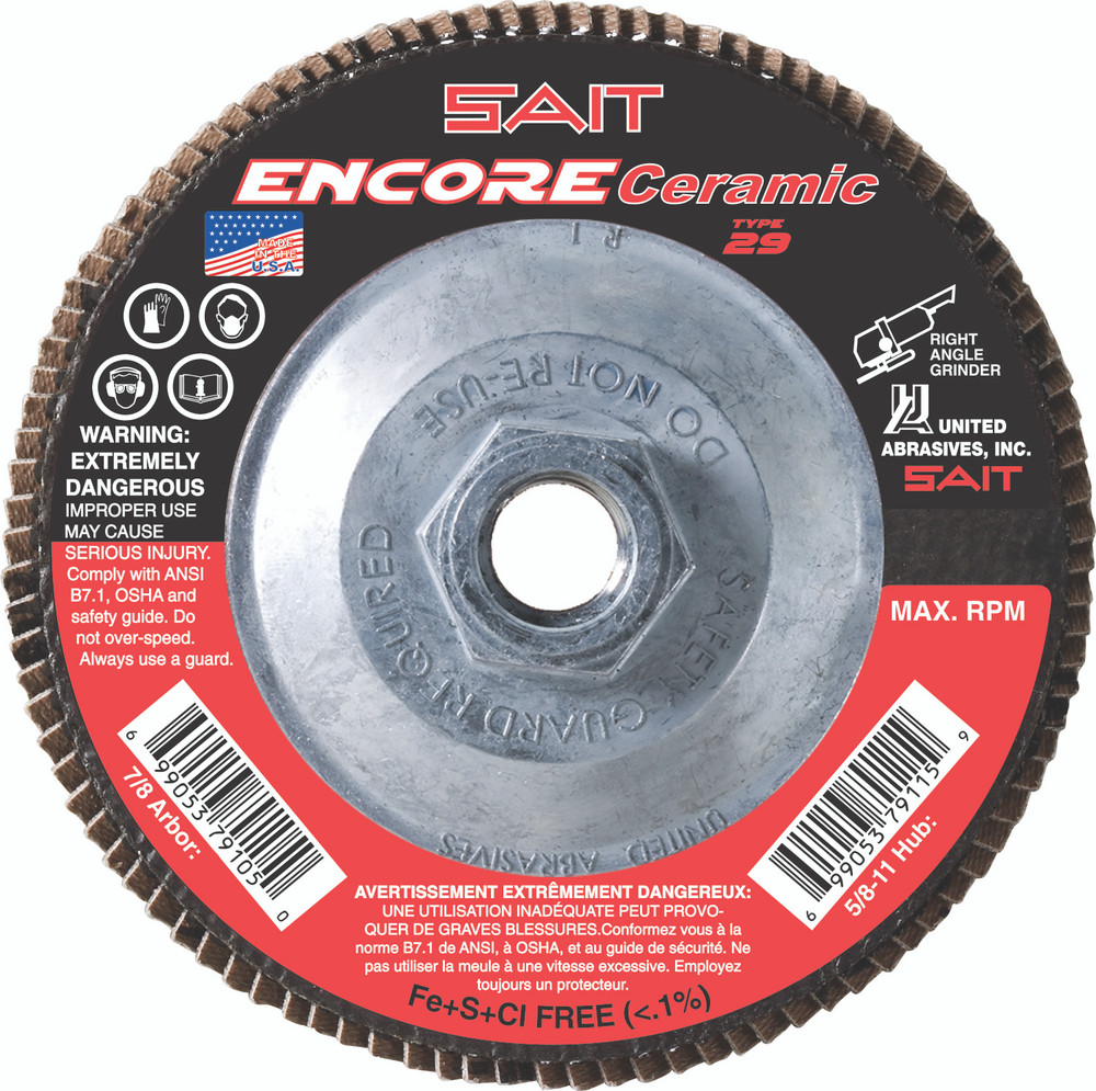 Regular Density Discs - Fiberglass Backing,Encore Ceramic  Type 29 Regular Density Flap Disc,  5/8-11 Hub 72937