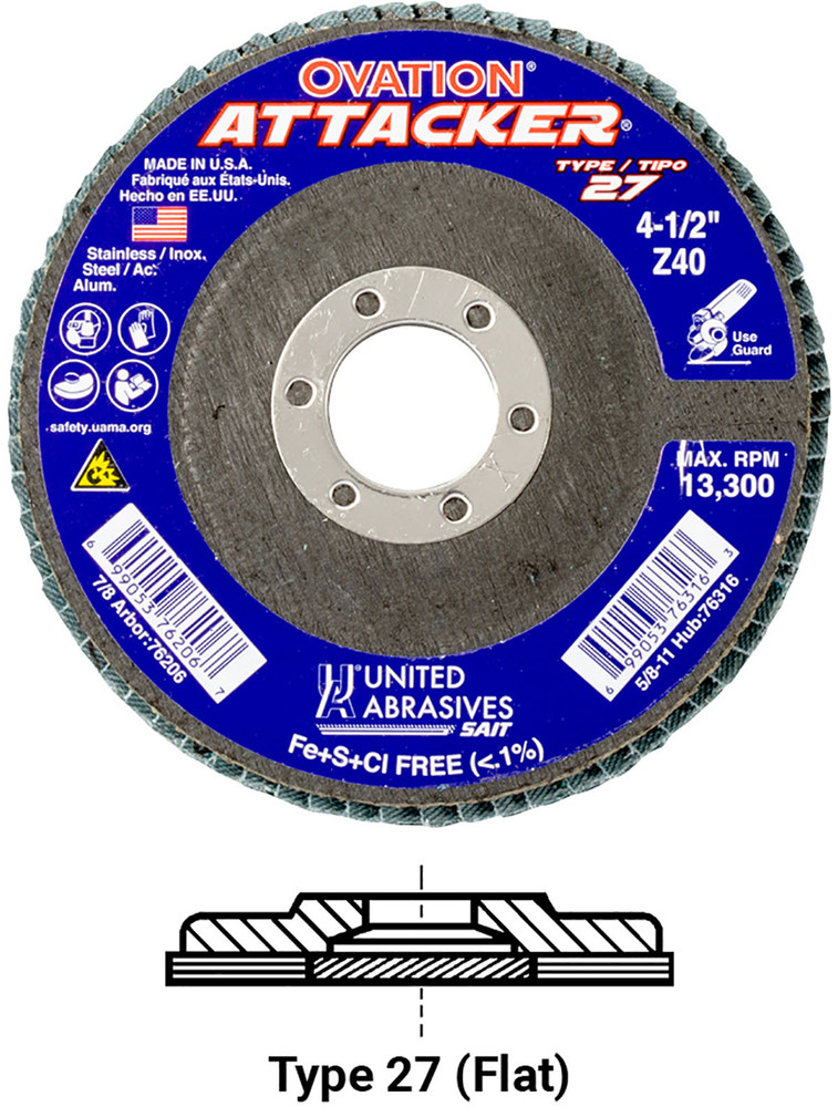 High Density Discs - Fiberglass Backing,Ovation? Attacker High Density Flap Disc - Type 27,  7/8 Arbor - No Hub 76238